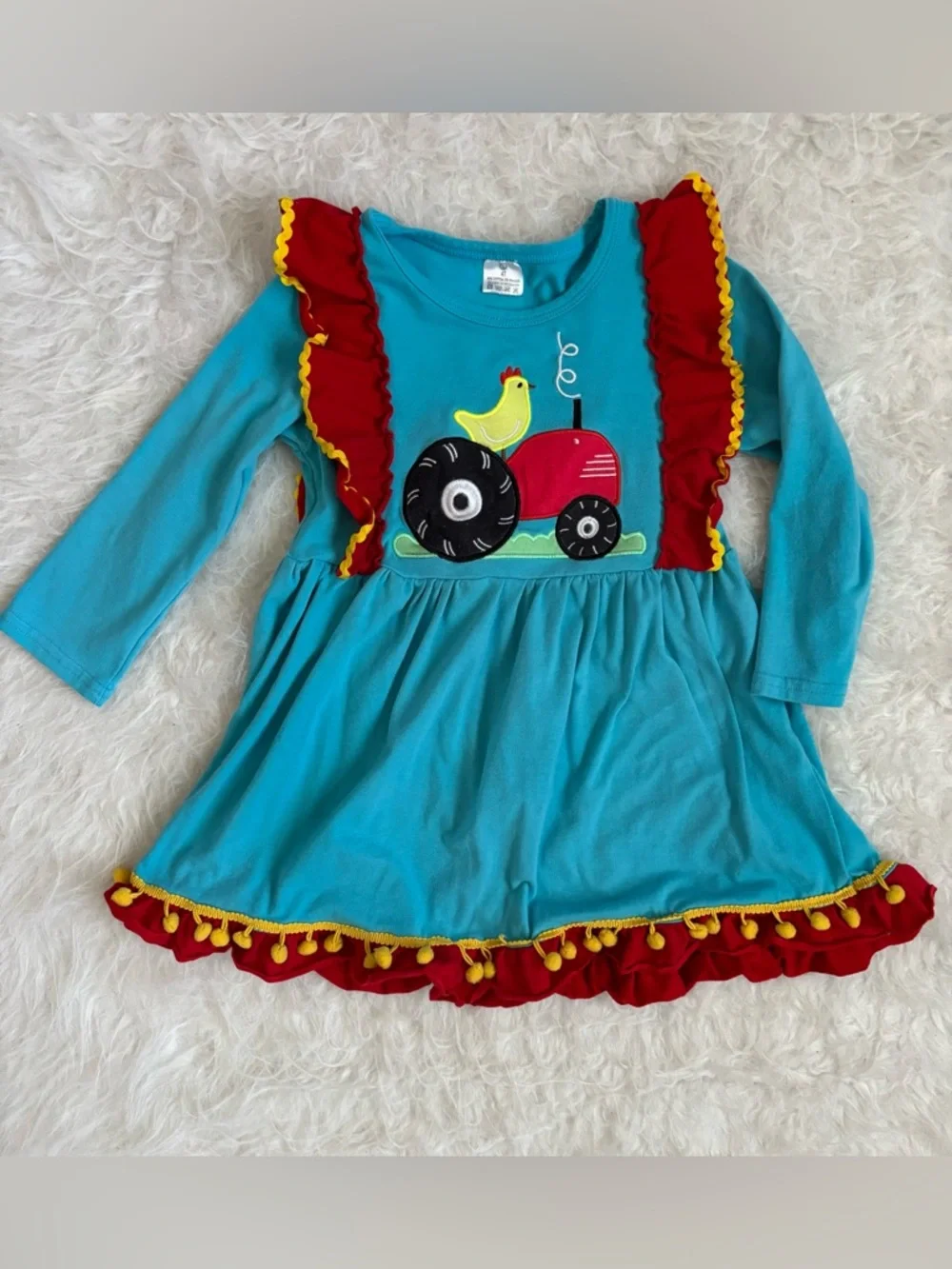 Girls Turquoise Farm Tractor Ruffle Dress with Red & Yellow Accents
